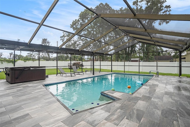 2701 Herndon St, Valrico, FL 33596 - view of pool featuring a hot tub, a patio, a fenced backyard, and a lanai