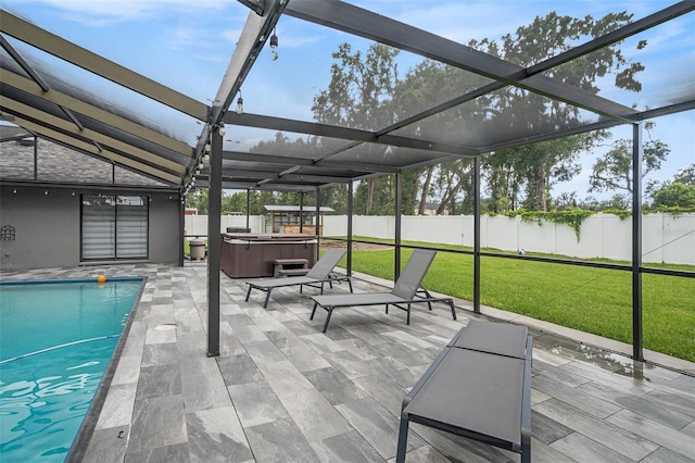2701 Herndon St, Valrico, FL 33596 - view of pool featuring a hot tub, a patio area, a fenced backyard, and glass enclosure