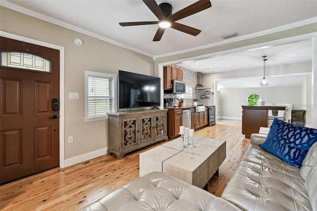 1722 Albemarle Rd, Clearwater, FL 33764 - living area featuring a ceiling fan, light wood-style floors, and ornamental molding