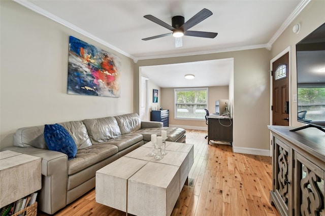 1722 Albemarle Rd, Clearwater, FL 33764 - living area featuring ornamental molding, a ceiling fan, and light wood-type flooring