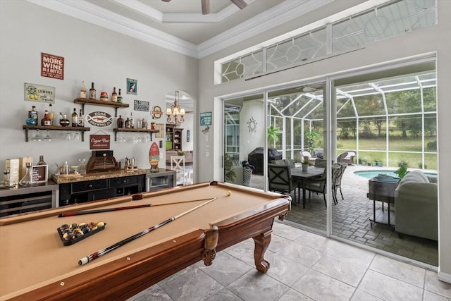 2900 W Lantana Dr, Beverly Hills, FL 34465 - rec room with bar area, pool table, ornamental molding, healthy amount of natural light, and a towering ceiling
