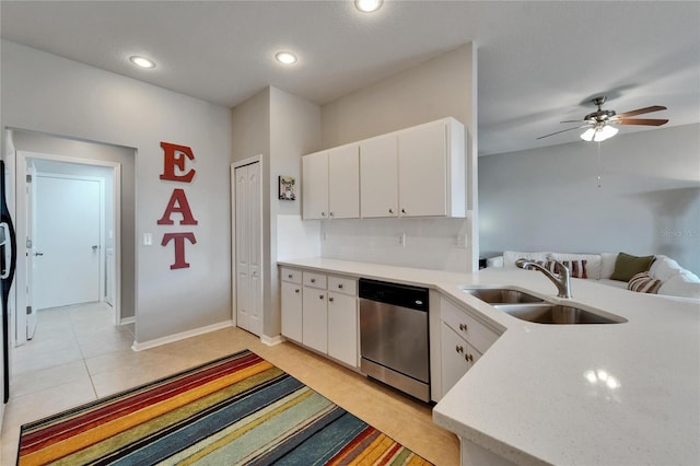 607 Tuscanny St, Brandon, FL 33511 - kitchen with dishwasher, light countertops, white cabinets, a ceiling fan, and light tile patterned floors