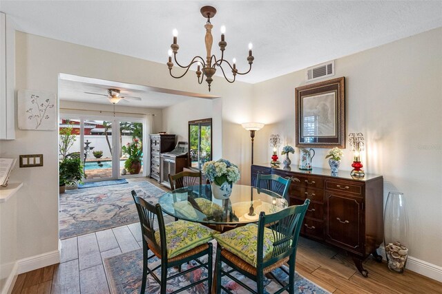 621 77th Ave, St Pete Beach, FL 33706 - dining room featuring wood finished floors, a chandelier, and a ceiling fan
