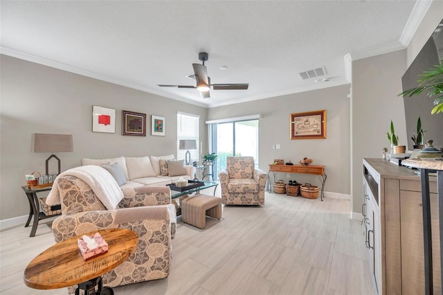 31530 Magna Gulf Loop, San Antonio, FL 33576 - living room featuring crown molding, ceiling fan, and a textured ceiling