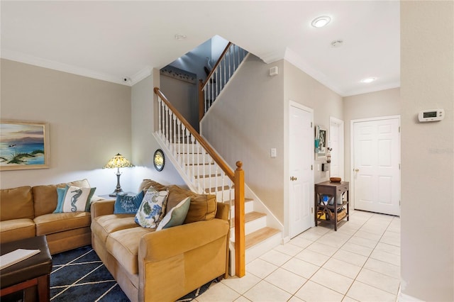8251 118th Ave Unit 8251, Largo, FL 33773 - living room with ornamental molding, light tile patterned floors, and stairs