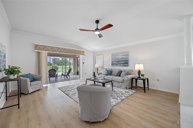 1760 W Shanelle Path, Lecanto, FL 34461 - living area featuring ceiling fan, lofted ceiling, crown molding, light wood-style floors, and ornate columns