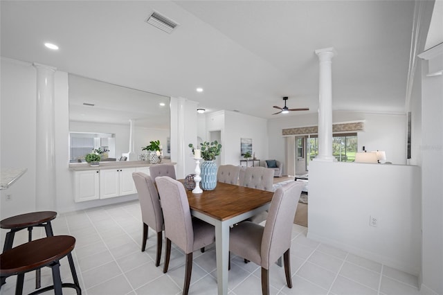 1760 W Shanelle Path, Lecanto, FL 34461 - dining space featuring ornate columns, a ceiling fan, light tile patterned floors, and recessed lighting