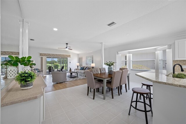 1760 W Shanelle Path, Lecanto, FL 34461 - dining area with ornate columns, crown molding, a ceiling fan, light wood-style floors, and recessed lighting