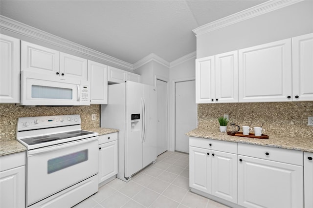 1760 W Shanelle Path, Lecanto, FL 34461 - kitchen with white appliances, crown molding, decorative backsplash, white cabinets, and light tile patterned flooring