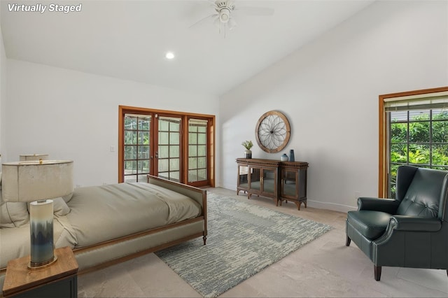 4128 Carrollwood Village Dr, Tampa, FL 33618 - bedroom with high vaulted ceiling, recessed lighting, and ceiling fan