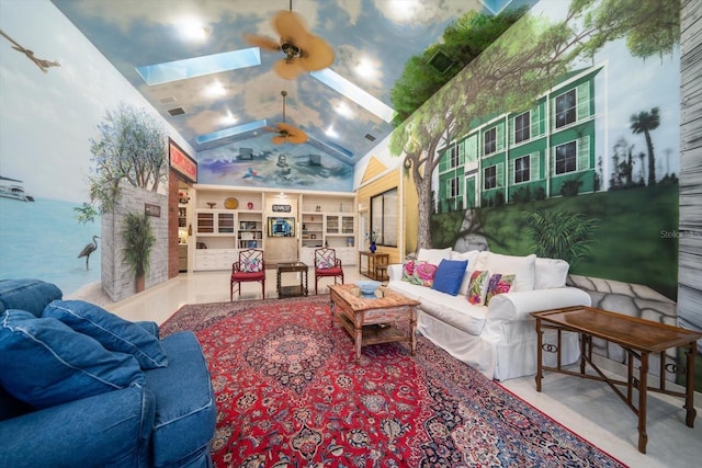 1835 Alicia Way, Clearwater, FL 33764 - living room with a skylight, a ceiling fan, and high vaulted ceiling