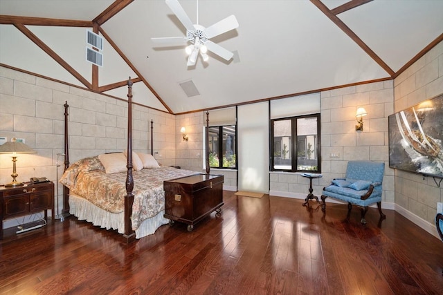 1835 Alicia Way, Clearwater, FL 33764 - bedroom with wood finished floors, tile walls, high vaulted ceiling, and beamed ceiling