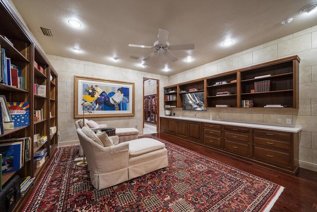 1835 Alicia Way, Clearwater, FL 33764 - office area featuring tile walls, ceiling fan, dark wood finished floors, and recessed lighting