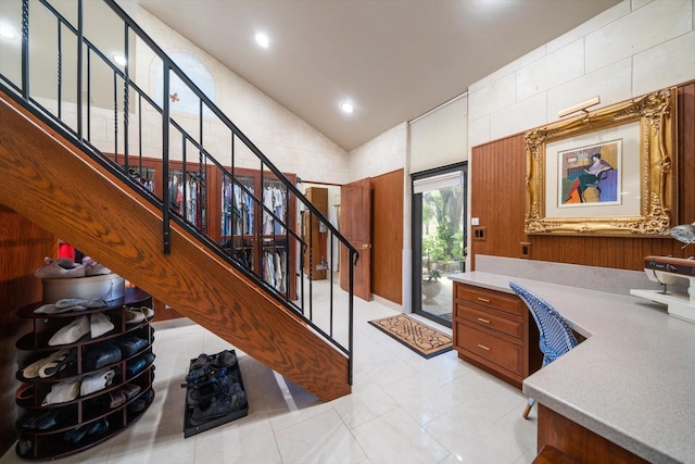 1835 Alicia Way, Clearwater, FL 33764 - bathroom featuring vaulted ceiling, tile patterned flooring, and recessed lighting