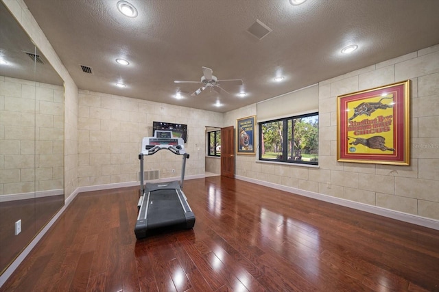 1835 Alicia Way, Clearwater, FL 33764 - workout room with wood finished floors, ceiling fan, a textured ceiling, and recessed lighting
