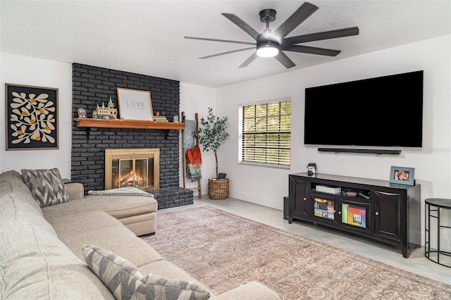 11414 Donneymoor Dr, Riverview, FL 33569 - living area featuring a ceiling fan, a fireplace, concrete floors, and a textured ceiling
