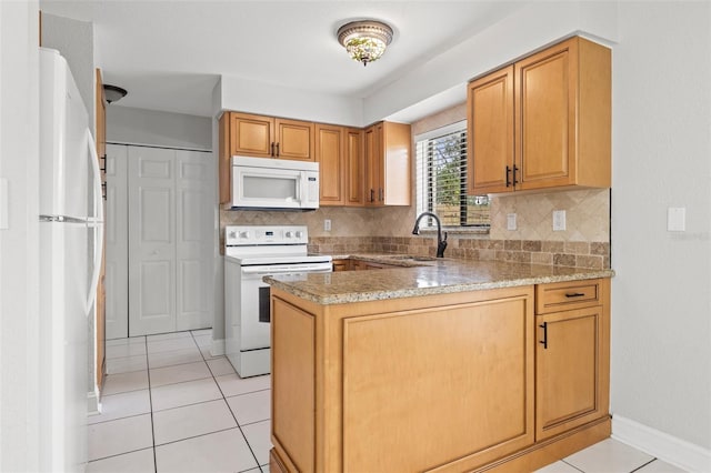 1724 Adams Cir S, Largo, FL 33771 - kitchen featuring white appliances, a peninsula, backsplash, and light tile patterned flooring