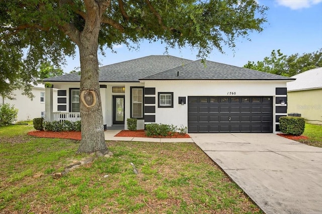 1760 Mountclair Ct, Mount Dora, FL 32757 - ranch-style house featuring an attached garage, stucco siding, driveway, a front lawn, and a shingled roof