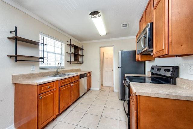 200 Country Club Dr Unit 1402, Largo, FL 33771 - kitchen with open shelves, stainless steel appliances, brown cabinets, crown molding, and light tile patterned floors