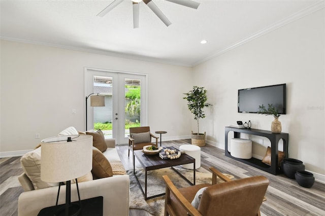 2405 W N B St Unit 1, Tampa, FL 33609 - living area featuring wood finished floors, ornamental molding, a ceiling fan, recessed lighting, and french doors
