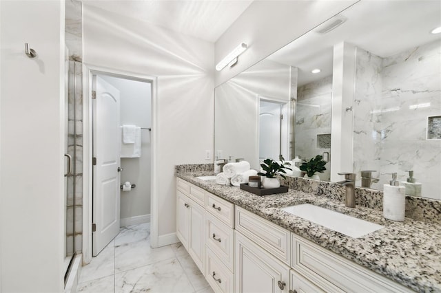 2405 W N B St Unit 1, Tampa, FL 33609 - full bathroom featuring a stall shower, marble look tile flooring, double vanity, and recessed lighting