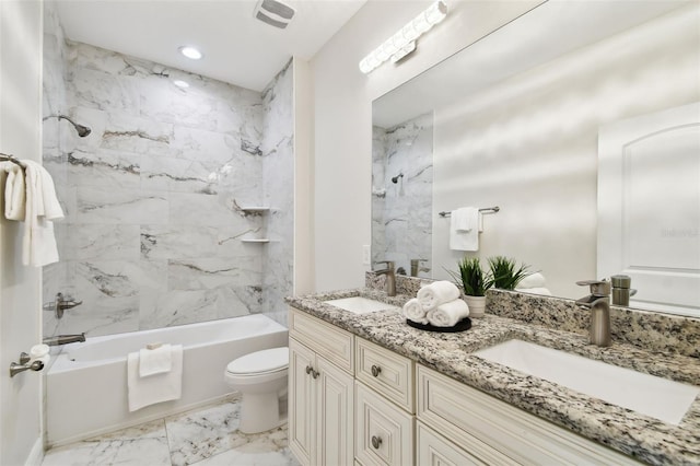 2405 W N B St Unit 1, Tampa, FL 33609 - full bathroom with marble look tile flooring, double vanity, tub / shower combination, and recessed lighting