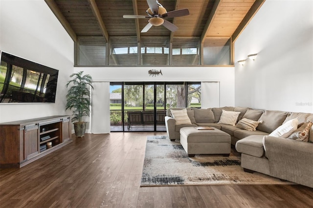 200 Gretchen Ct, Oldsmar, FL 34677 - living room featuring high vaulted ceiling, a wood ceiling with exposed beams, ceiling fan, and wood finished floors