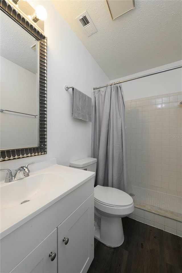 5018 Pine St, Seffner, FL 33584 - bathroom featuring wood finished floors, vanity, tiled shower, a textured ceiling, and vaulted ceiling
