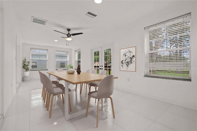 210 Lake Hobbs Rd, Lutz, FL 33548 - dining space with french doors, ceiling fan, recessed lighting, and light tile patterned floors
