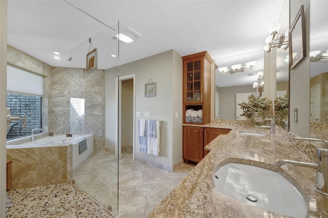 6605 Seabird Way, Apollo Beach, FL 33572 - full bathroom featuring double vanity, a bath, a walk in shower, tile patterned flooring, and recessed lighting