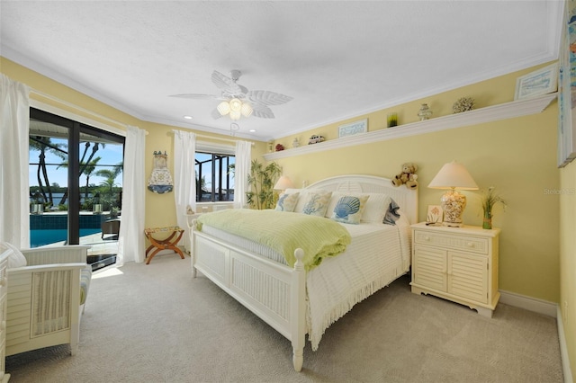 6605 Seabird Way, Apollo Beach, FL 33572 - bedroom featuring access to outside, light colored carpet, ornamental molding, a ceiling fan, and recessed lighting