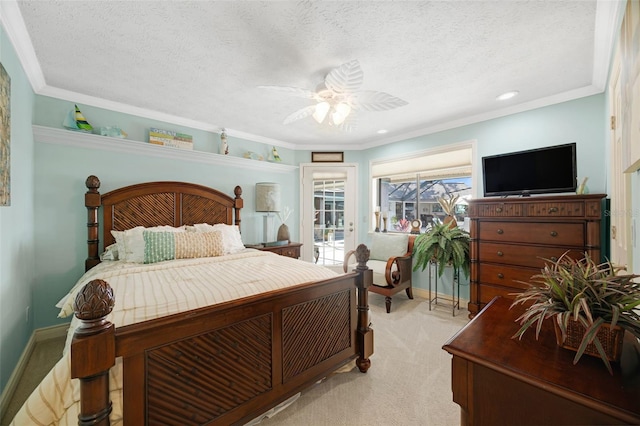 6605 Seabird Way, Apollo Beach, FL 33572 - bedroom featuring light carpet, a textured ceiling, access to exterior, a ceiling fan, and ornamental molding