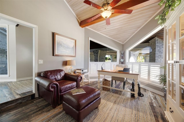 6605 Seabird Way, Apollo Beach, FL 33572 - home office featuring wood finished floors, wood ceiling, vaulted ceiling, a ceiling fan, and ornamental molding