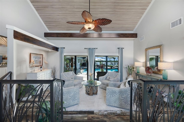 6605 Seabird Way, Apollo Beach, FL 33572 - living area featuring ceiling fan, wood ceiling, and crown molding