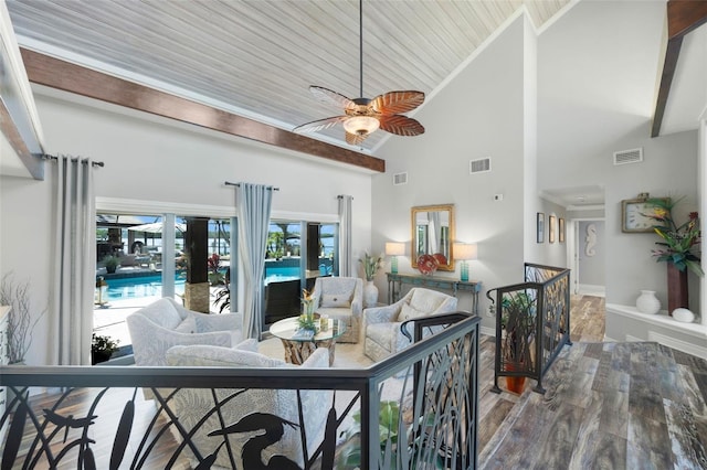 6605 Seabird Way, Apollo Beach, FL 33572 - living room featuring ceiling fan, wood finished floors, and high vaulted ceiling