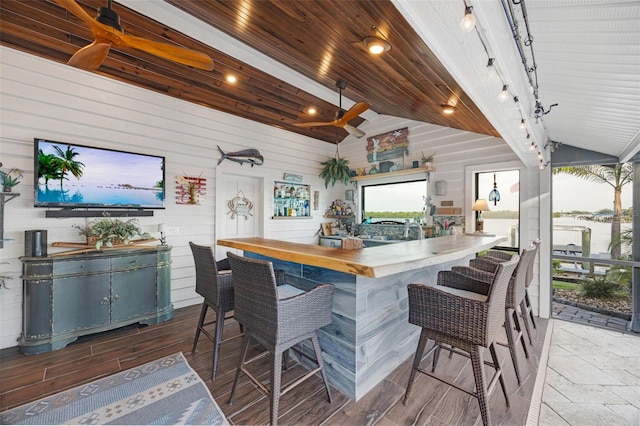 6605 Seabird Way, Apollo Beach, FL 33572 - bar with lofted ceiling, wood walls, wood finished floors, and track lighting