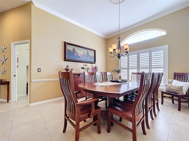 1358 Forestedge Blvd, Oldsmar, FL 34677 - dining room with a chandelier, crown molding, and light tile patterned floors