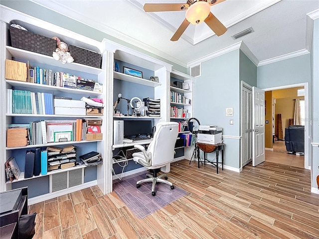 1358 Forestedge Blvd, Oldsmar, FL 34677 - office space featuring crown molding, wood finished floors, and ceiling fan