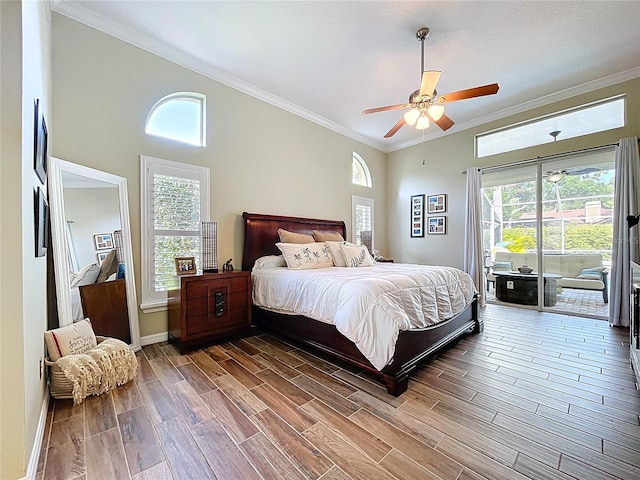 1358 Forestedge Blvd, Oldsmar, FL 34677 - bedroom featuring access to exterior, wood finished floors, ornamental molding, and ceiling fan