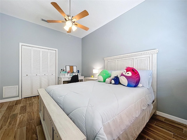 1358 Forestedge Blvd, Oldsmar, FL 34677 - bedroom with dark wood-type flooring, a closet, ceiling fan, and high vaulted ceiling