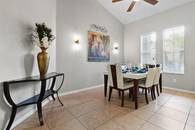 317 Royal Bonnet Dr, Apollo Beach, FL 33572 - dining room with lofted ceiling, light tile patterned floors, and a ceiling fan