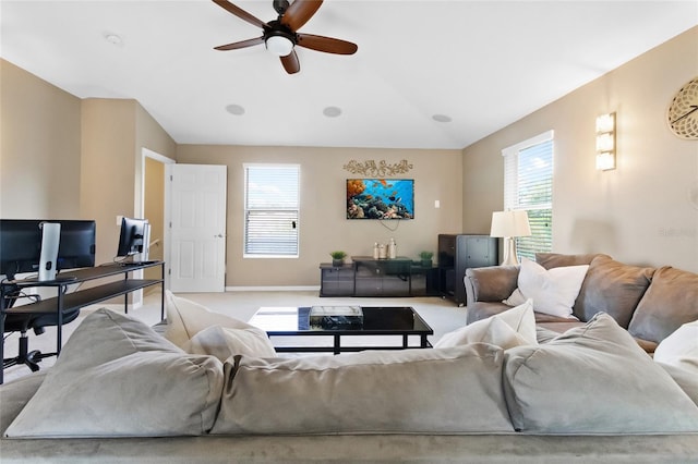 317 Royal Bonnet Dr, Apollo Beach, FL 33572 - living room featuring vaulted ceiling, ceiling fan, a desk, and carpet floors