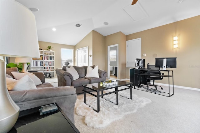 317 Royal Bonnet Dr, Apollo Beach, FL 33572 - living area with attic access, vaulted ceiling, an office area, and carpet