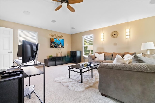 317 Royal Bonnet Dr, Apollo Beach, FL 33572 - living room with carpet flooring, a ceiling fan, and vaulted ceiling
