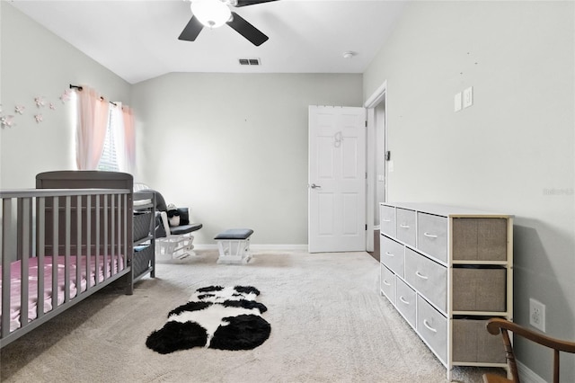 317 Royal Bonnet Dr, Apollo Beach, FL 33572 - bedroom with carpet flooring, lofted ceiling, ceiling fan, and a nursery area
