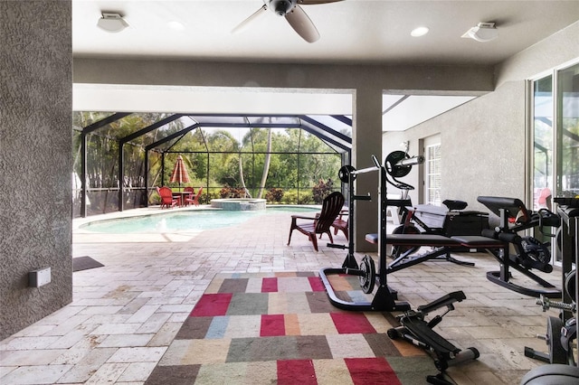 317 Royal Bonnet Dr, Apollo Beach, FL 33572 - view of swimming pool featuring a ceiling fan, a pool with connected hot tub, a patio area, and a lanai
