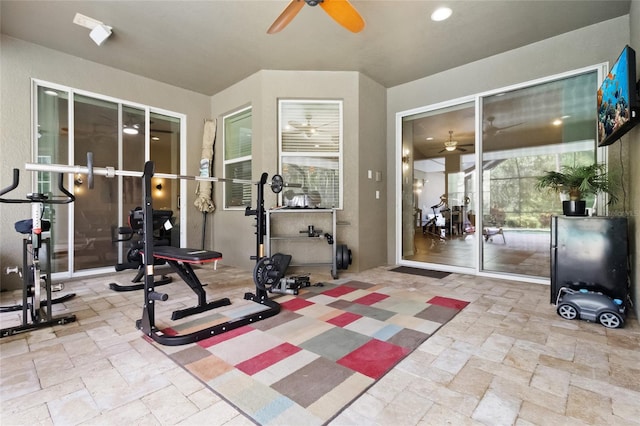 317 Royal Bonnet Dr, Apollo Beach, FL 33572 - exercise area featuring ceiling fan and stone tile floors