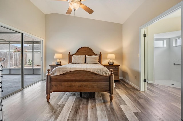 2208 Cattleman Dr, Brandon, FL 33511 - bedroom featuring access to outside, wood finished floors, lofted ceiling, and a ceiling fan