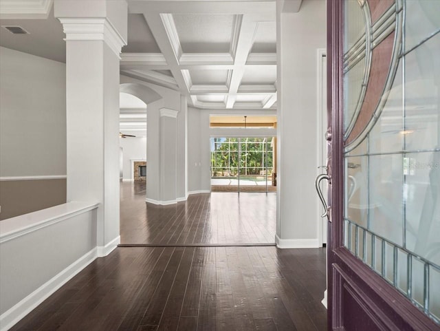 4521 Cheval Blvd, Lutz, FL 33558 - entrance foyer with wood-type flooring, arched walkways, beamed ceiling, coffered ceiling, and ornamental molding
