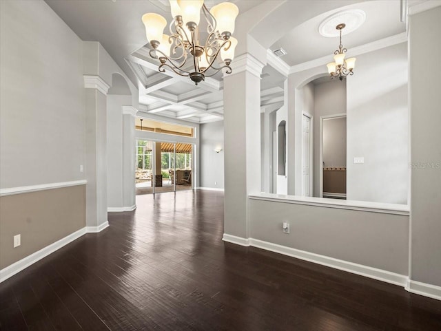 4521 Cheval Blvd, Lutz, FL 33558 - empty room featuring a chandelier, arched walkways, coffered ceiling, hardwood / wood-style floors, and crown molding